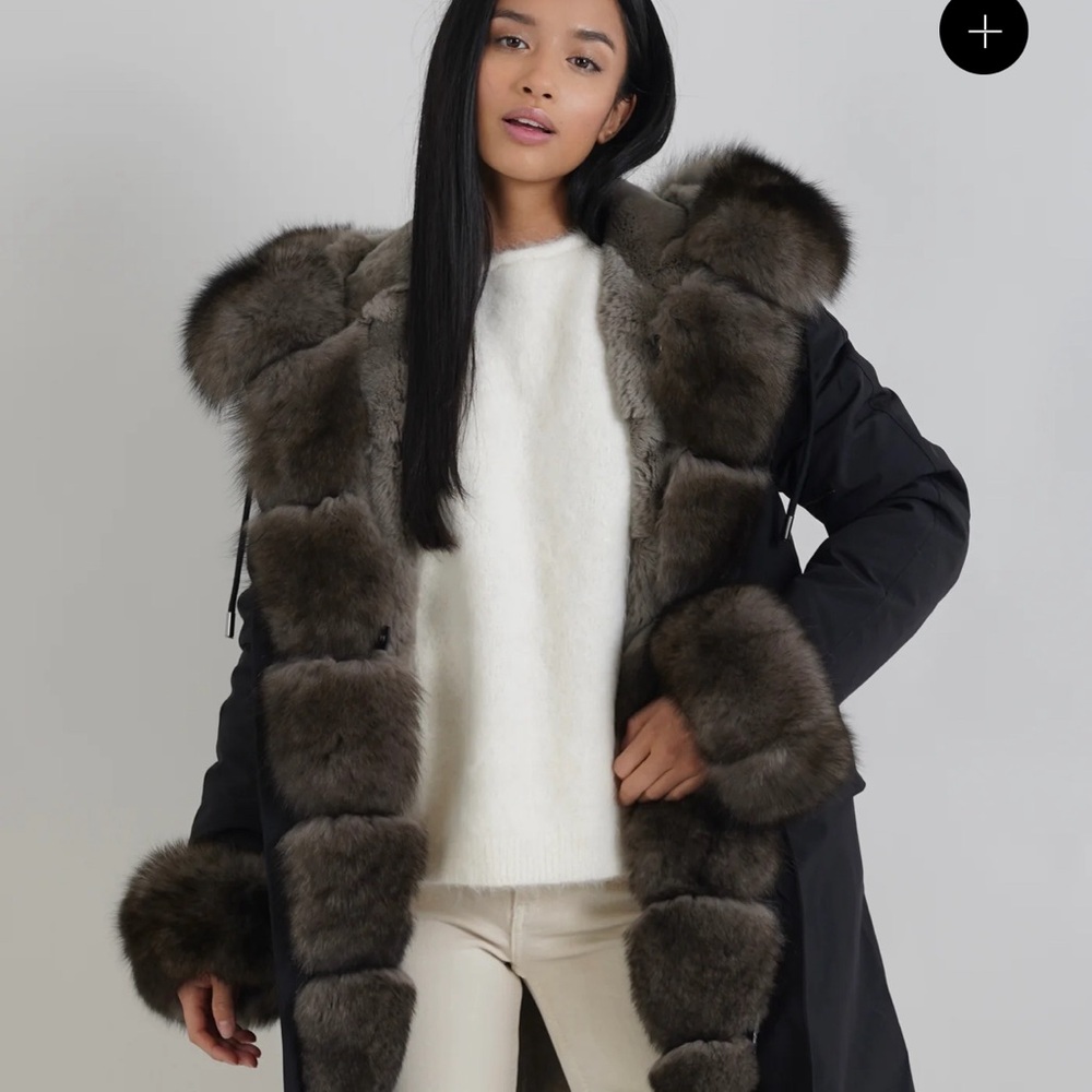 Waterproof parka , with removable fox fur collar and rex rabbit fur lining.